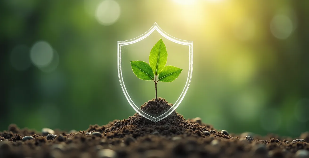 Illustration symbolique d’un bouclier protecteur avec un arbre d’épargne qui grandit sereinement, représentant un contrat d’assurance vie mutualiste sécurisant et performant