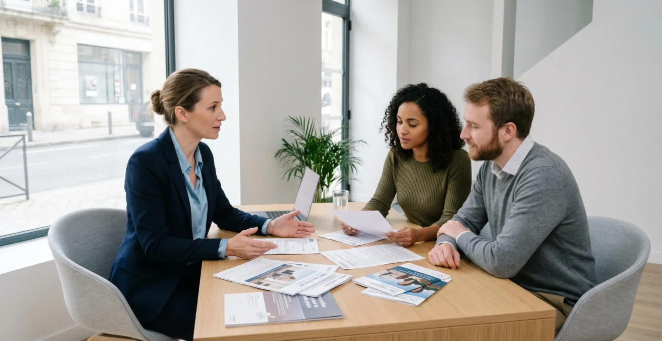 Conseiller bancaire présentant des options de financement immobilier (CEL, PEL, prêt classique) à un jeune couple dans une agence contemporaine, documents de simulation visibles sur le bureau