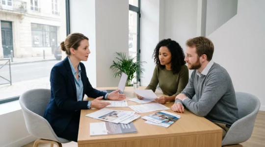 Conseiller bancaire présentant des options de financement immobilier (CEL, PEL, prêt classique) à un jeune couple dans une agence contemporaine, documents de simulation visibles sur le bureau