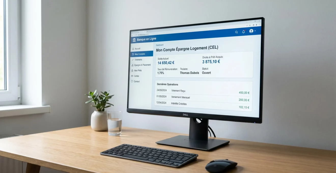 Écran d'ordinateur affichant un espace client bancaire français avec tableau de bord CEL montrant le montant épargné et les droits à prêt acquis