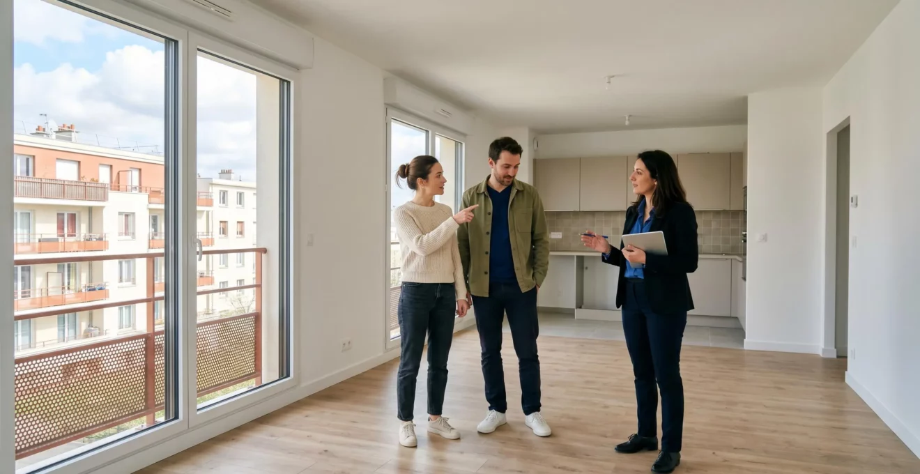 Jeune couple primo-accédant visitant un appartement vide en banlieue parisienne avec un agent immobilier, scène de projet immobilier en cours