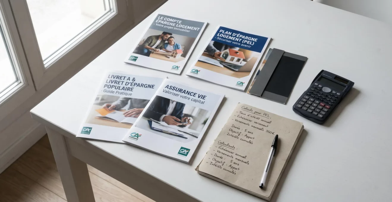Vue de dessus d'une table de travail avec brochures de produits d'épargne français (CEL, PEL, Livret A, assurance-vie), calculatrice et notes manuscrites pour comparaison