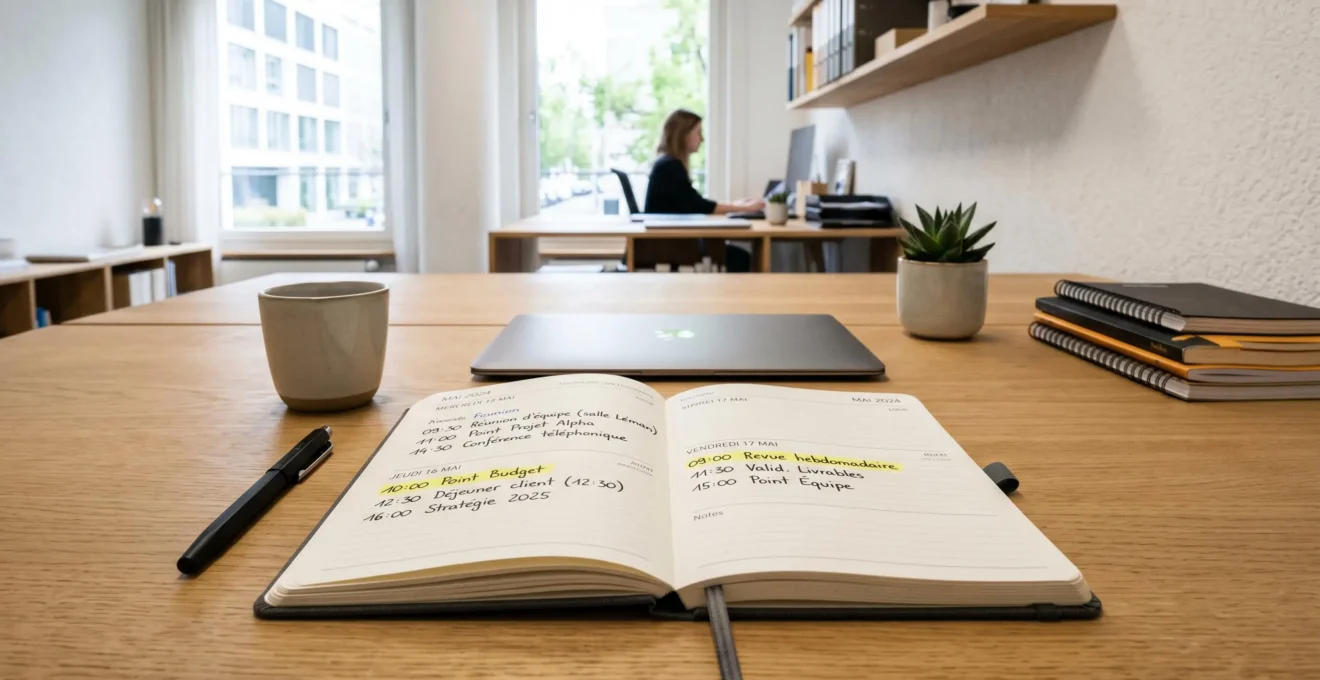 Agenda professionnel ouvert sur un bureau avec des dates importantes marquées