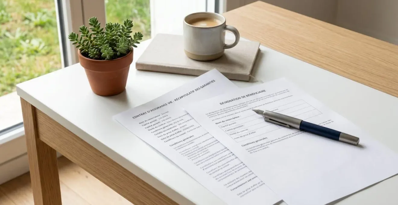 Documents de contrat d'assurance vie disposés sur un bureau contemporain avec un stylo