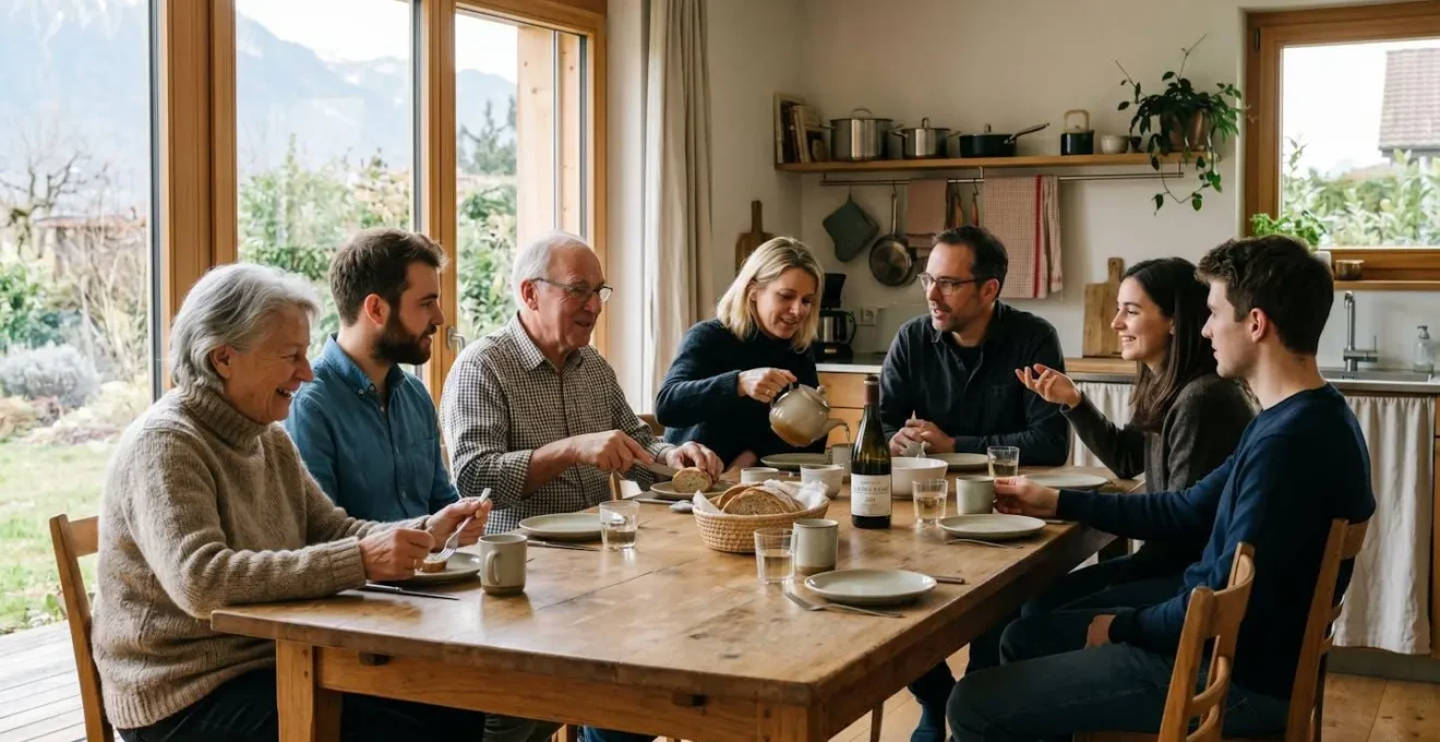Famille de trois générations réunie autour d'une table familiale dans un intérieur chaleureux avec lumière naturelle