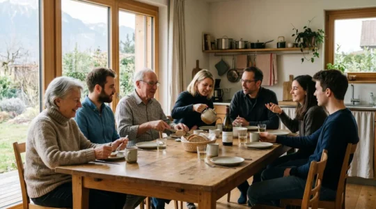 Famille de trois générations réunie autour d'une table familiale dans un intérieur chaleureux avec lumière naturelle
