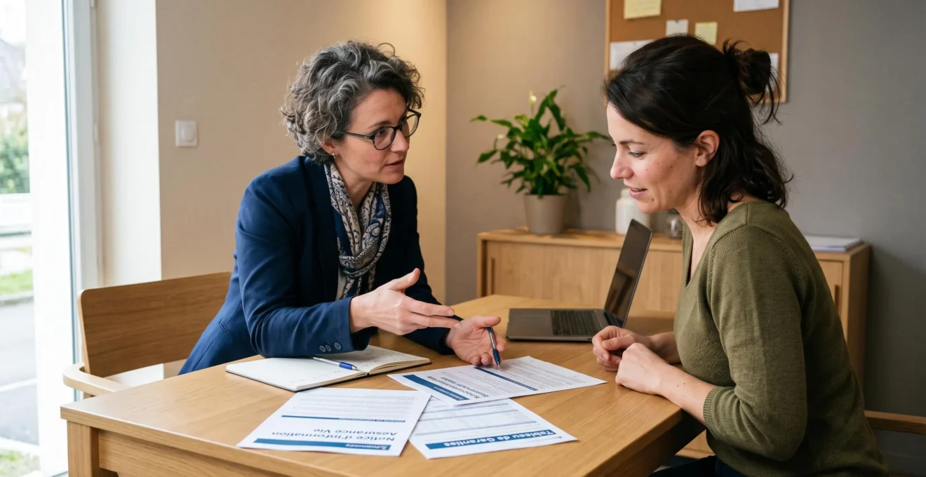 Conseillère mutualiste expliquant un contrat d'assurance-vie à un client lors d'un rendez-vous personnalisé dans une agence