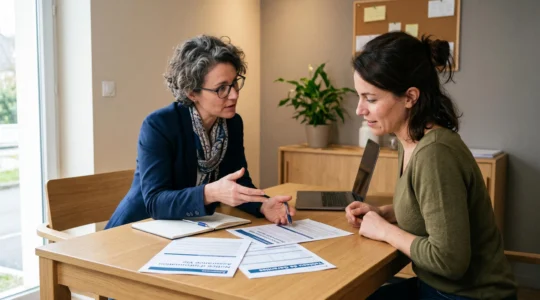 Conseillère mutualiste expliquant un contrat d'assurance-vie à un client lors d'un rendez-vous personnalisé dans une agence