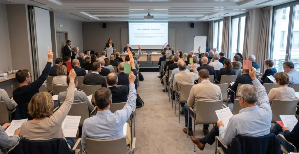 Assemblée générale de mutuelle avec des sociétaires de différents âges participant au vote démocratique Assemblée générale de mutuelle avec des sociétaires de différents âges participant au vote démocratique