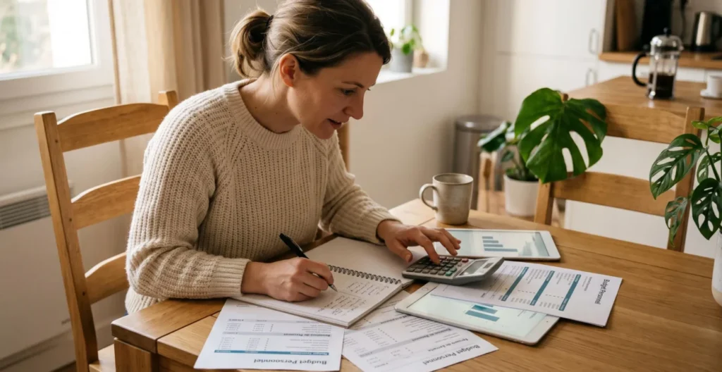 Femme comparant des documents financiers et utilisant une calculatrice pour planifier son épargne à domicile Femme comparant des documents financiers et utilisant une calculatrice pour planifier son épargne à domicile