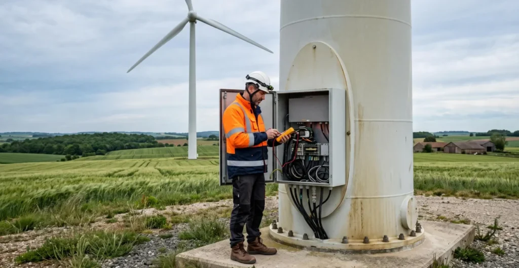 Technicien effectuant la maintenance d'une éolienne dans la campagne française Technicien effectuant la maintenance d'une éolienne dans la campagne française