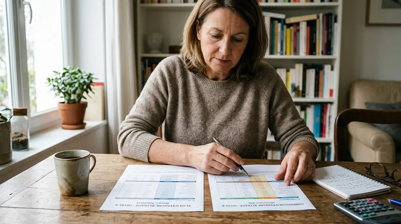 Une personne compare deux documents imprimés de plans d'épargne retraite posés côte à côte sur une table à la maison.