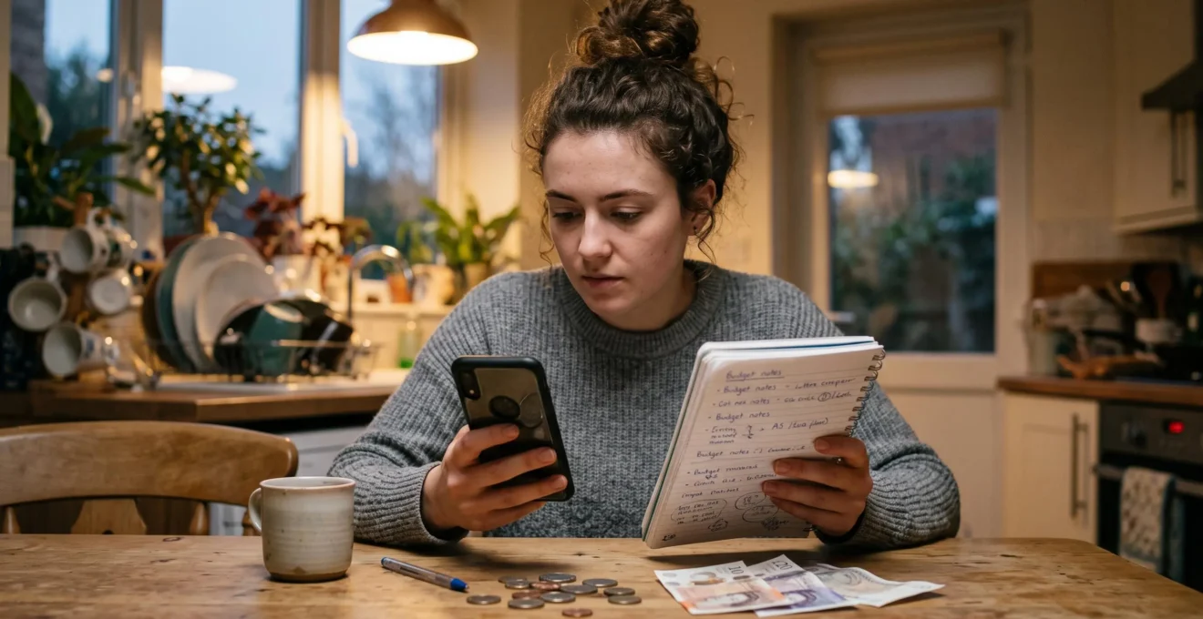 Une personne gère son budget mensuel à la table de sa cuisine avec un smartphone.