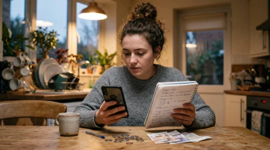 Une personne gère son budget mensuel à la table de sa cuisine avec un smartphone.