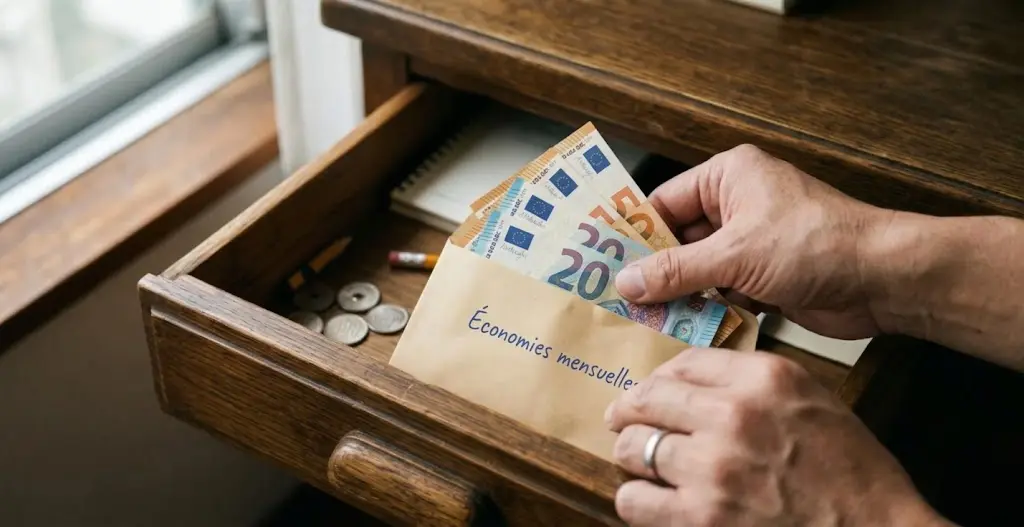 Une main range des billets dans une enveloppe posée dans un tiroir en bois.